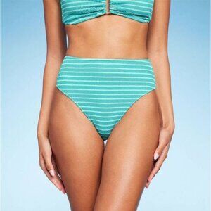 SHADE & SHORE BIKINI BOTTOM PUCKER TEXTURE STRIPED HIGH WAIST CHEEKY TEAL WHITE